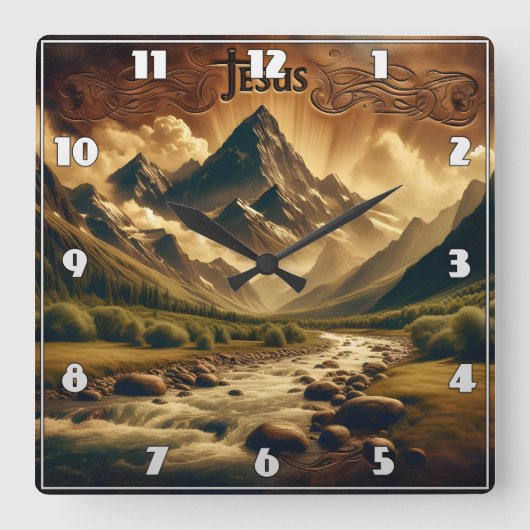 Jezus in majestueus berglandschap met rivier vierkante klok (Voorkant)