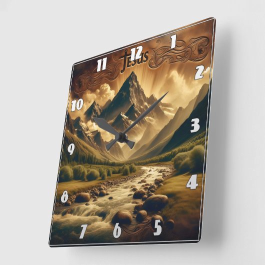 Jezus in majestueus berglandschap met rivier vierkante klok (Hoek)