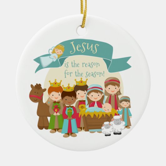 "Jezus is de reden" Geboorte Scène Keramisch Ornament (Voorkant)