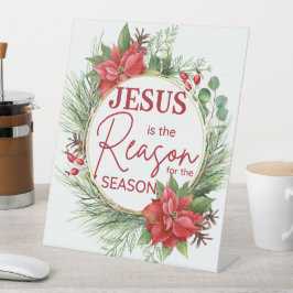 Jezus is de reden voor het kerstfeest reclamebord met voetstuk