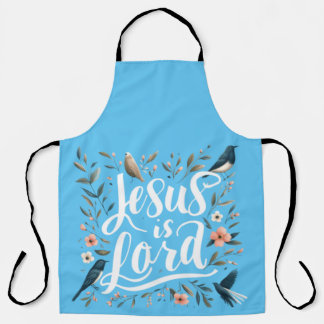 Jezus is Heer Blauw Vogel Bloemen Ontwerp Schort