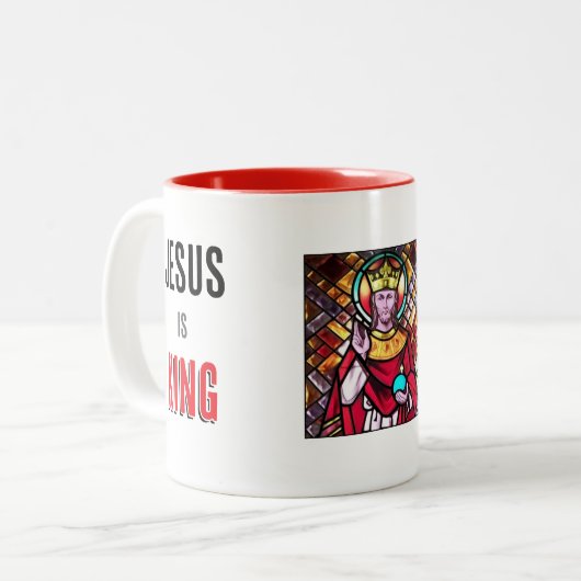 Jezus is koning tweekleurige koffiemok (Voorkant links)