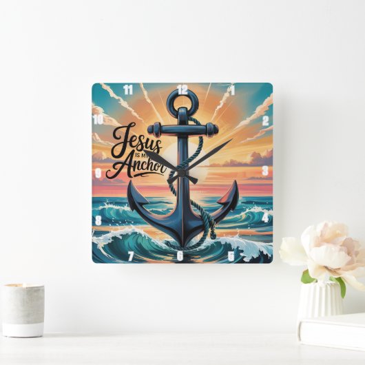 Jezus is mijn anker golven zonsondergang vierkante klok (Huis)