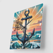 Jezus is mijn anker golven zonsondergang vierkante klok (Hoek)