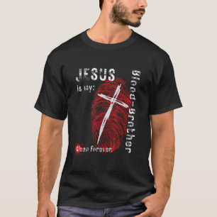 Jezus is mijn Blood Brother Cross Fingerprint Dest T-shirt