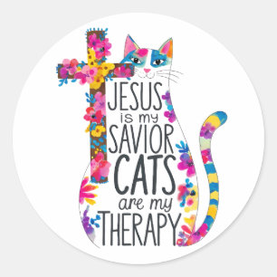 Jezus is mijn Redder Katten zijn mijn therapie gra Ronde Sticker