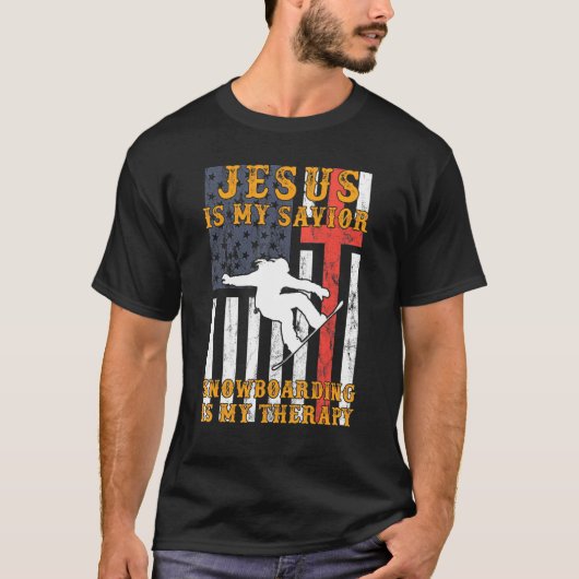 Jezus is mijn savior Snowboarding is mijn therapie T-shirt (Voorkant)