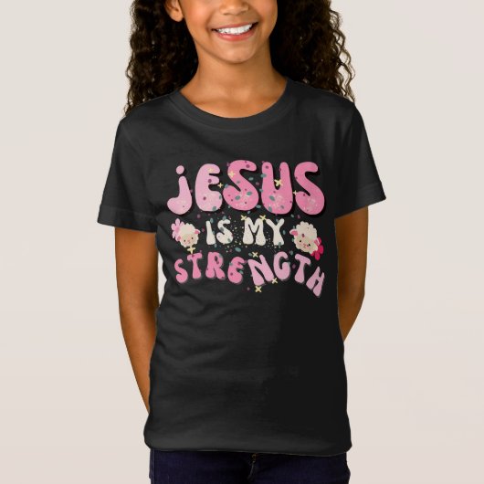 Jezus is mijn Sterkte Schattige Lam Cartoon Typogr T-shirt (Voorkant)