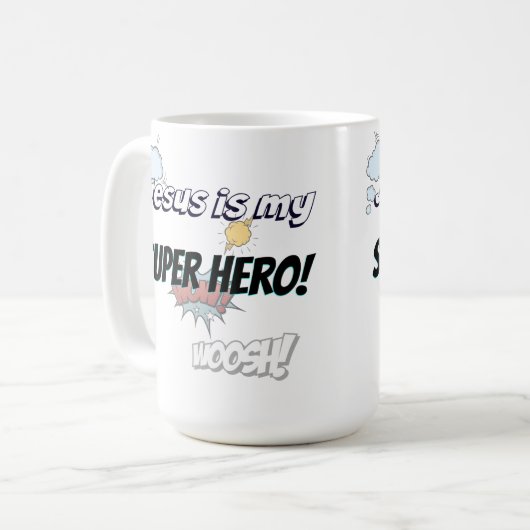 Jezus is mijn Super Hero. Koffiemok (Voorkant links)