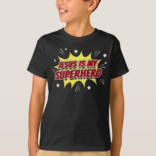 Jezus is mijn superheld Kinder en volwassen Christ T-shirt (Voorkant)