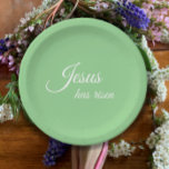 Jezus is opgestaan met het groene Christelijke Pas Papieren Bordje<br><div class="desc">"Jezus is verrezen" geschreven in een elegant wit schrift zal geloofsinspiratie toevoegen aan uw paastafel. Deze eenvoudige moderne scriptpapieren borden zullen er geweldig uitzien op uw paastafel. De massieve pastelgroene kleur is afkomstig van de voorjaarsbloemenfoto. Voeg wat snijbloemen, wat bloesems en wat glaswerk toe voor een chique, stijlvolle botanische paastafel....</div>