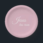 Jezus is opgestaan met pastelroze Christelijk Pase Papieren Bordje<br><div class="desc">"Jezus is verrezen" geschreven in een elegant wit schrift zal geloofsinspiratie toevoegen aan uw paastafel. Deze lichtroze eenvoudige moderne scriptpapieren borden zullen er geweldig uitzien op je paastafel. De massieve pastelroze kleur is afkomstig van de voorjaarsbloemenfoto. Voeg wat snijbloemen, wat bloesems en wat glaswerk toe voor een chique, stijlvolle botanische...</div>