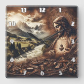 Jezus kijkt uit over een sereen berglandschap vierkante klok (Voorkant)