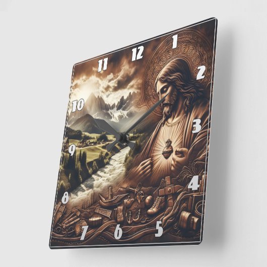 Jezus kijkt uit over een sereen berglandschap vierkante klok (Hoek)