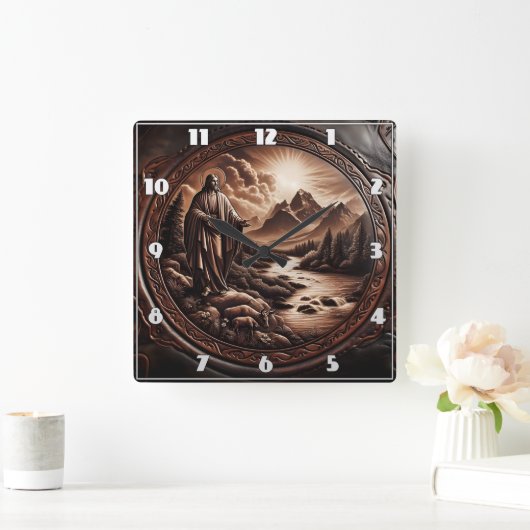 Jezus kijkt uit over een serene bergstroom vierkante klok (Huis)