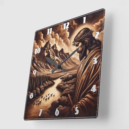 Jezus kijkt uit over een vredig rivierlandschap vierkante klok (Hoek)