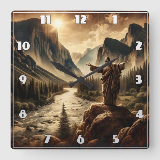 Jezus kijkt uit over majestueus berglandschap vierkante klok (Voorkant)