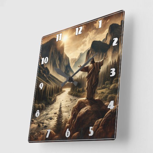 Jezus kijkt uit over majestueus berglandschap vierkante klok (Hoek)