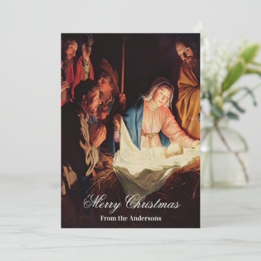 Jezus kind met Maria en Jozef Vrolijk Kerstfeest Feestdagenkaart (Staand voorkant)