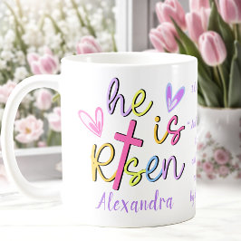 Jezus kleurrijke kruis Pasen Hij is verrezen naam Koffiemok