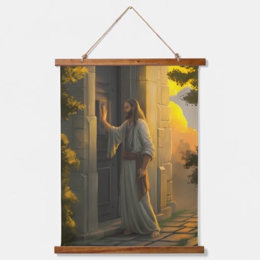 Jezus kloppen op een rustieke deur hangend wandkleed (Voorkant)