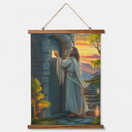 Jezus kloppen op een rustieke deur hangend wandkleed (Voorkant)