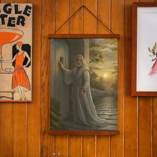 Jezus kloppen op een rustieke deur hangend wandkleed