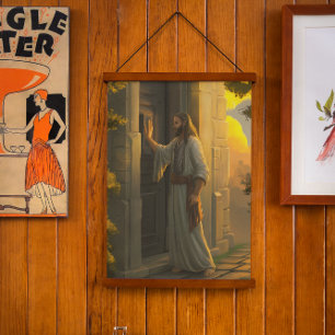 Jezus kloppen op een rustieke deur hangend wandkleed