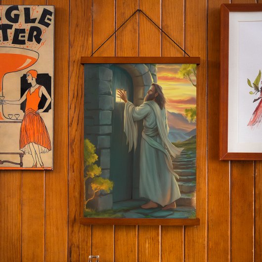 Jezus kloppen op een rustieke deur hangend wandkleed