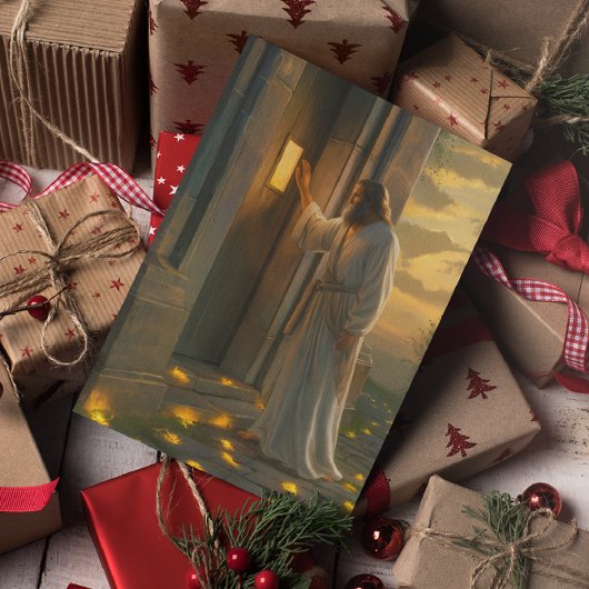 Jezus kloppen op een rustieke deur kaart