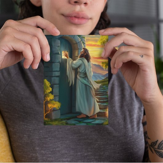 Jezus kloppen op een rustieke deur kaart