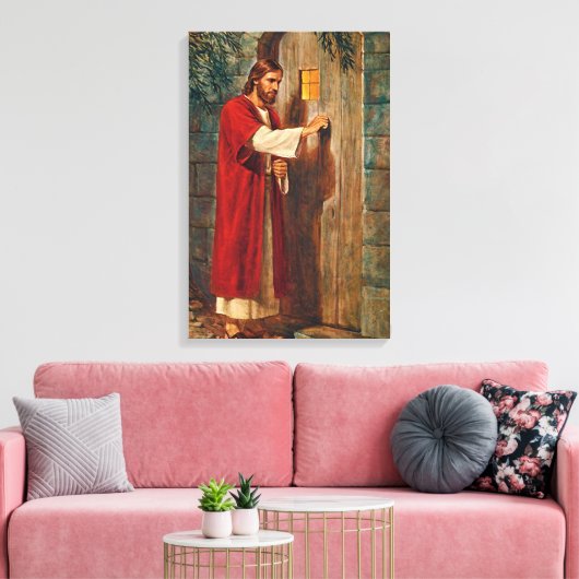 Jezus knikt op de deur canvas afdruk (Insitu (Woonkamer))