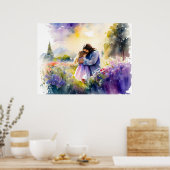 Jezus knuffelen een meisje in de bloementuin poster (Keuken)