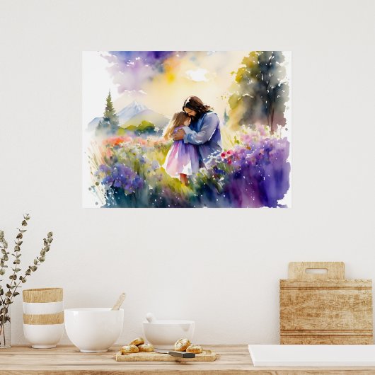 Jezus knuffelen een meisje in de bloementuin poster (Keuken)