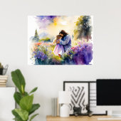 Jezus knuffelen een meisje in de bloementuin poster (Thuiskantoor)