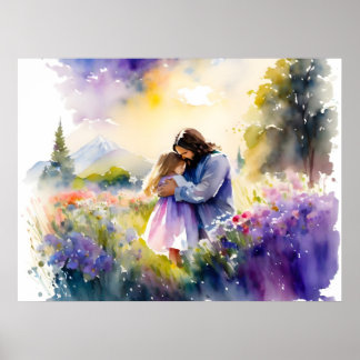 Jezus knuffelen een meisje in de bloementuin poster