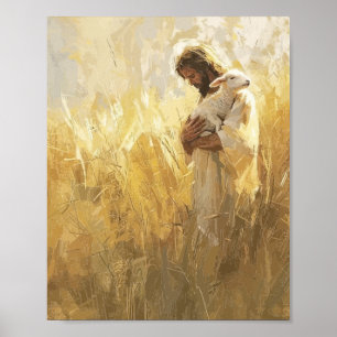 Jezus knuffelt een lam – vriendelijke herder kinde poster