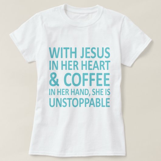 Jezus + koffie_skyblauw t-shirt (Design voorkant)