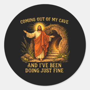 Jezus komt uit de grot en het gaat prima ronde sticker