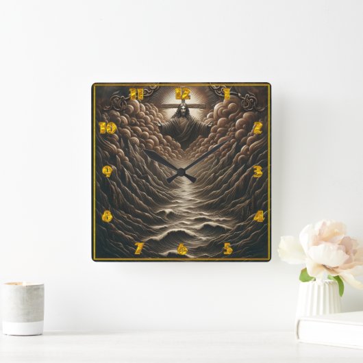 Jezus komt uit de wolken boven de serene wateren vierkante klok (Huis)