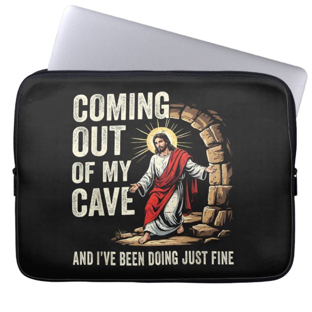 Jezus komt uit mijn grot laptop sleeve (Voorkant)
