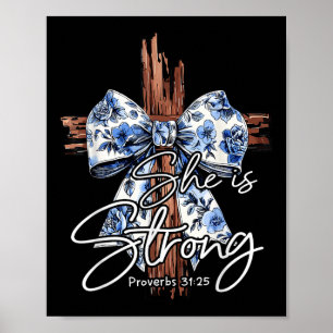 Jezus Kruis Bloemen Blauw Coquette Nu is ze sterk Poster