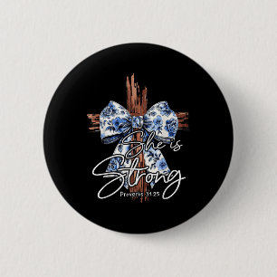 Jezus Kruis Bloemen Blauw Coquette Nu is ze sterk Ronde Button 5,7 Cm