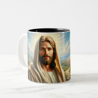 Jezus lachend onder een hemelse hemel tweekleurige koffiemok