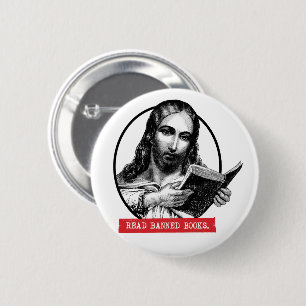 Jezus leest verboden boeken ronde button 5,7 cm