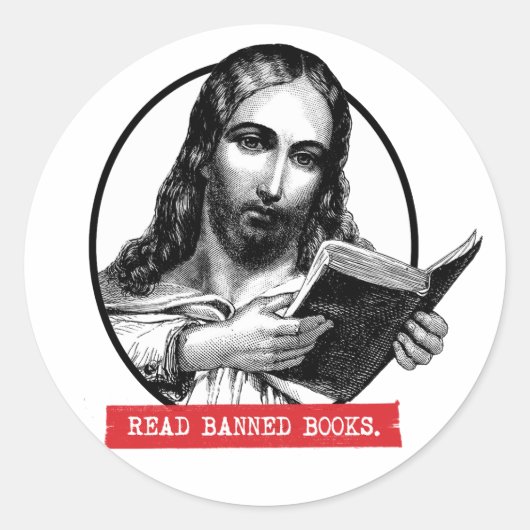 Jezus leest verboden boeken ronde sticker (Voorkant)