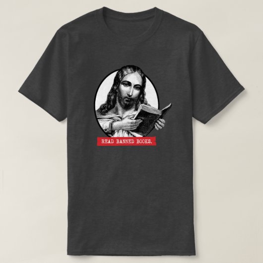 Jezus leest verboden boeken t-shirt (Design voorkant)