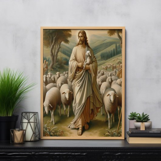 Jezus leidt schapen door groene weiden poster