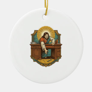 Jezus liet pen achter zware bureau onhandige humor keramisch ornament