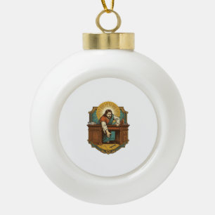 Jezus liet pen achter zware bureau onhandige humor keramische bal ornament